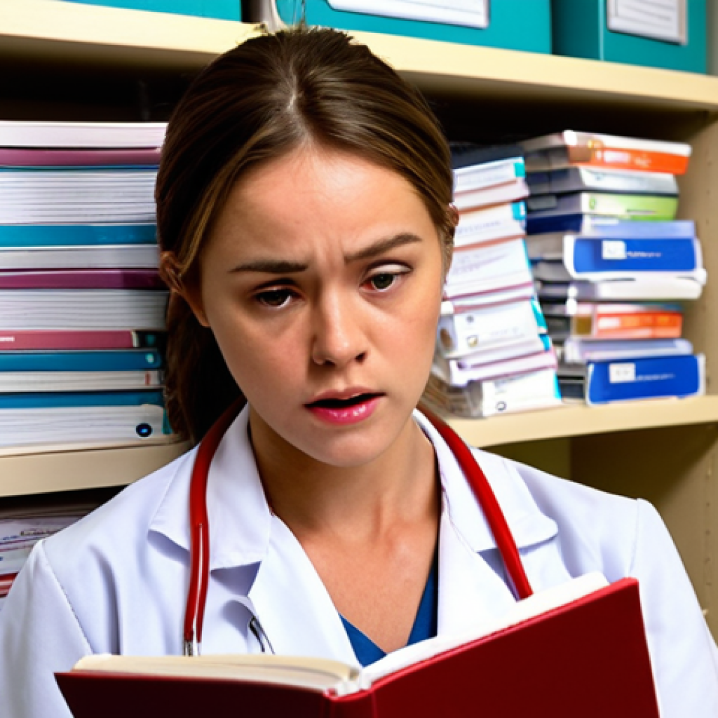 **Image Prompt:** A young, slightly overwhelmed-looking nurse surrounded by stacks of hospital policy manuals and procedure guides. She's holding one open, but looking around with a slightly confused expression. In the background, slightly blurred, other nurses are confidently interacting with patients. The overall tone should be a mix of seriousness and a touch of humor. Style: Realistic, slightly warm lighting.