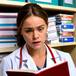 **Image Prompt:** A young, slightly overwhelmed-looking nurse surrounded by stacks of hospital policy manuals and procedure guides. She's holding one open, but looking around with a slightly confused expression. In the background, slightly blurred, other nurses are confidently interacting with patients. The overall tone should be a mix of seriousness and a touch of humor. Style: Realistic, slightly warm lighting.