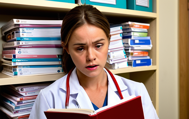 **Image Prompt:** A young, slightly overwhelmed-looking nurse surrounded by stacks of hospital policy manuals and procedure guides. She's holding one open, but looking around with a slightly confused expression. In the background, slightly blurred, other nurses are confidently interacting with patients. The overall tone should be a mix of seriousness and a touch of humor. Style: Realistic, slightly warm lighting.