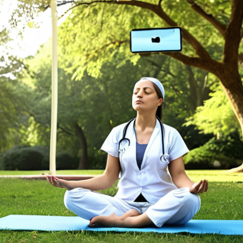 **

"Tired healthcare worker juggling rotating shifts, overwhelmed with digital devices, seeking balance with yoga in a peaceful park. Soft, natural lighting, emphasizing stress relief and mindful escape."

**