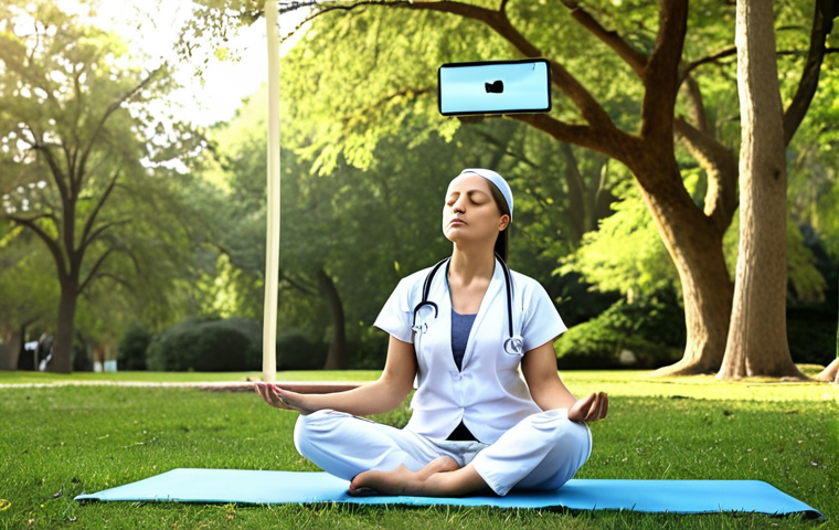 **

"Tired healthcare worker juggling rotating shifts, overwhelmed with digital devices, seeking balance with yoga in a peaceful park. Soft, natural lighting, emphasizing stress relief and mindful escape."

**