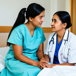 A compassionate female nurse, wearing a modest and professional nursing uniform, fully clothed, is attentively listening to an elderly female patient. The patient, dressed in appropriate and modest traditional attire from a diverse cultural background, sits comfortably, conveying a sense of quiet reflection. The nurse is observing subtle non-verbal cues, conveying deep empathy and understanding. They are in a clean, brightly lit hospital room with a warm, welcoming atmosphere, featuring soft, indirect lighting. High-quality professional photography, detailed, natural lighting, perfect anatomy, correct proportions, well-formed hands, proper finger count, natural body proportions, safe for work, appropriate content, fully clothed, professional dress, modest clothing, family-friendly.