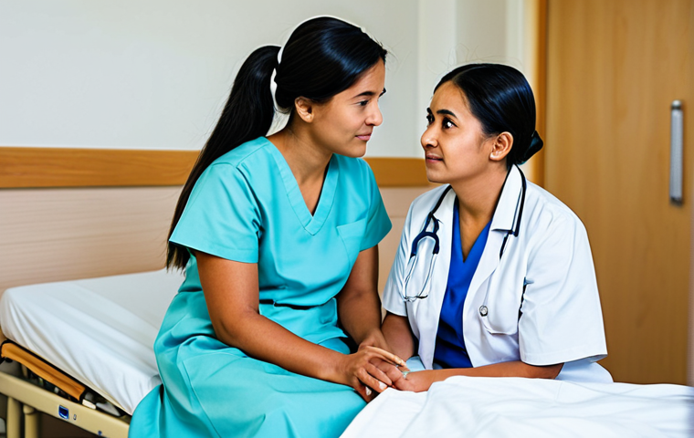A compassionate female nurse, wearing a modest and professional nursing uniform, fully clothed, is attentively listening to an elderly female patient. The patient, dressed in appropriate and modest traditional attire from a diverse cultural background, sits comfortably, conveying a sense of quiet reflection. The nurse is observing subtle non-verbal cues, conveying deep empathy and understanding. They are in a clean, brightly lit hospital room with a warm, welcoming atmosphere, featuring soft, indirect lighting. High-quality professional photography, detailed, natural lighting, perfect anatomy, correct proportions, well-formed hands, proper finger count, natural body proportions, safe for work, appropriate content, fully clothed, professional dress, modest clothing, family-friendly.