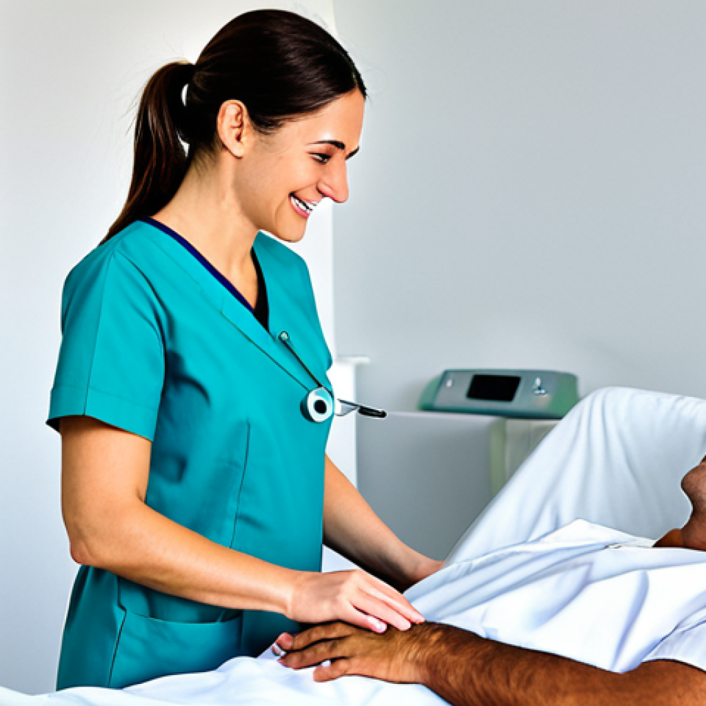 Nurse**

"A dedicated nurse in a professional, fully clothed uniform, tending to a patient in a bright and modern hospital room in Madrid. The nurse is smiling reassuringly. Appropriate attire, safe for work, perfect anatomy, correct proportions, natural pose, professional medical setting, modest, high quality."

**