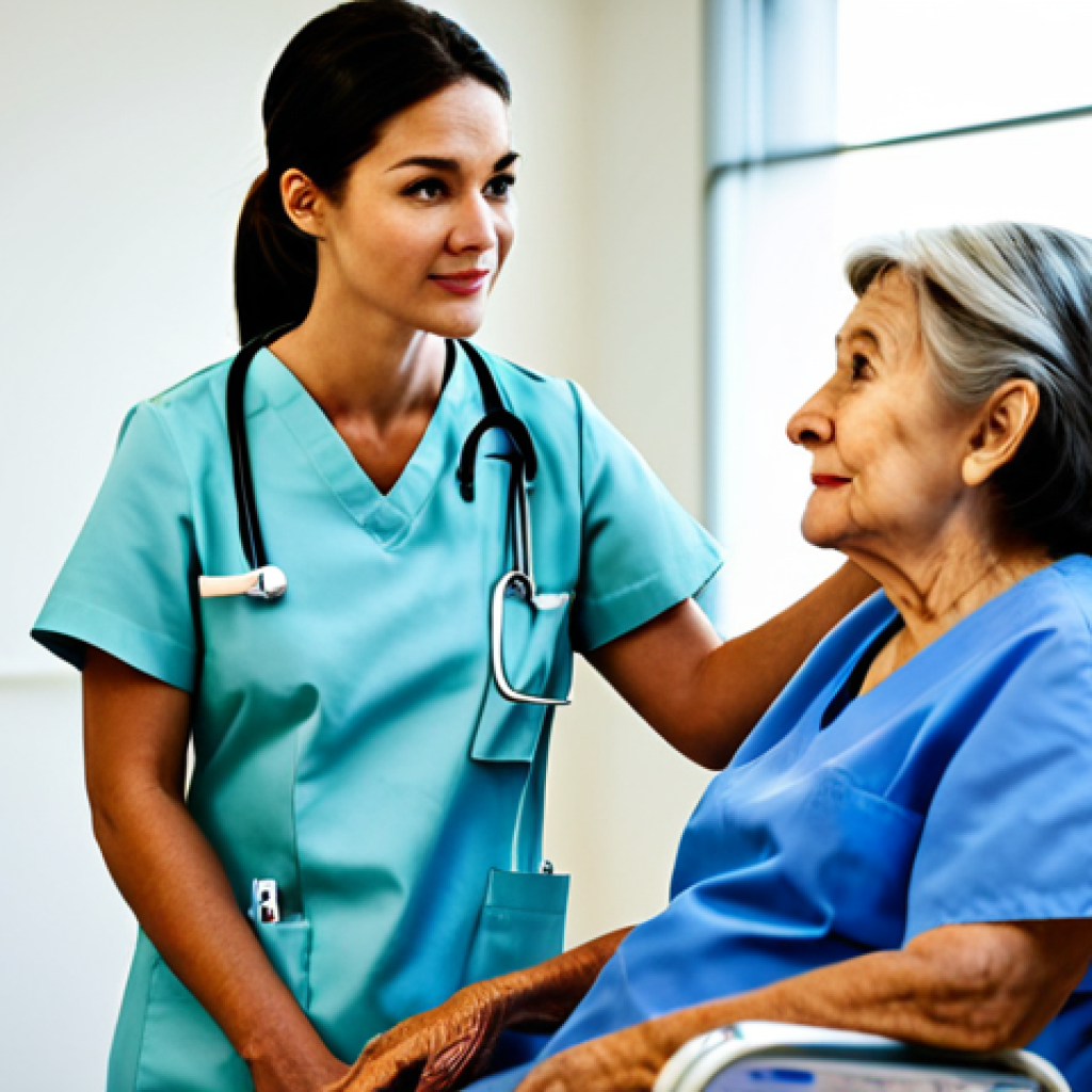 **

A compassionate nurse in a modern, well-lit hospital room, fully clothed in professional scrubs, attentively listening to an elderly patient sitting in a comfortable chair. The environment includes medical equipment subtly blurred in the background. Focus on the nurse's empathetic facial expression and gentle hand gesture. Safe for work, appropriate content, family-friendly, professional, perfect anatomy, natural proportions, high quality.

**