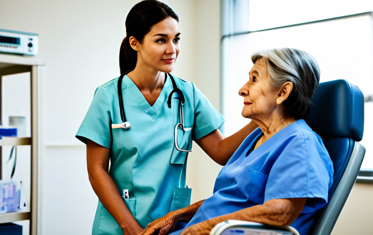 **

A compassionate nurse in a modern, well-lit hospital room, fully clothed in professional scrubs, attentively listening to an elderly patient sitting in a comfortable chair. The environment includes medical equipment subtly blurred in the background. Focus on the nurse's empathetic facial expression and gentle hand gesture. Safe for work, appropriate content, family-friendly, professional, perfect anatomy, natural proportions, high quality.

**
