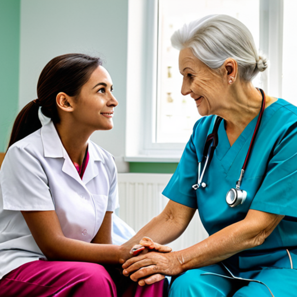 Active Listening**

A caring nurse, fully clothed in a professional uniform, sitting attentively beside an elderly patient in a brightly lit hospital room. The patient is telling a story, the nurse is making eye contact and gently holding the patient's hand. Safe for work, appropriate content, modest clothing, professional setting, perfect anatomy, natural pose, high quality, family-friendly.

**