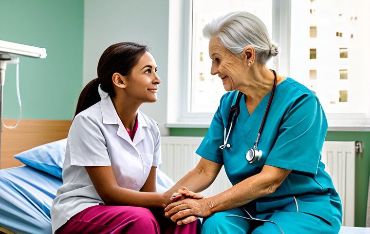 Active Listening**

A caring nurse, fully clothed in a professional uniform, sitting attentively beside an elderly patient in a brightly lit hospital room. The patient is telling a story, the nurse is making eye contact and gently holding the patient's hand. Safe for work, appropriate content, modest clothing, professional setting, perfect anatomy, natural pose, high quality, family-friendly.

**