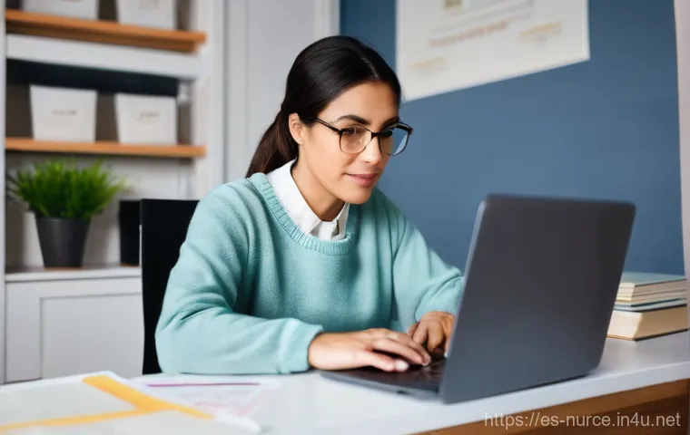 간호사 학점은행제로 학위 취득하기 - **Prompt:** A focused and determined female nurse, in her late 30s to early 40s, with warm, intellig...