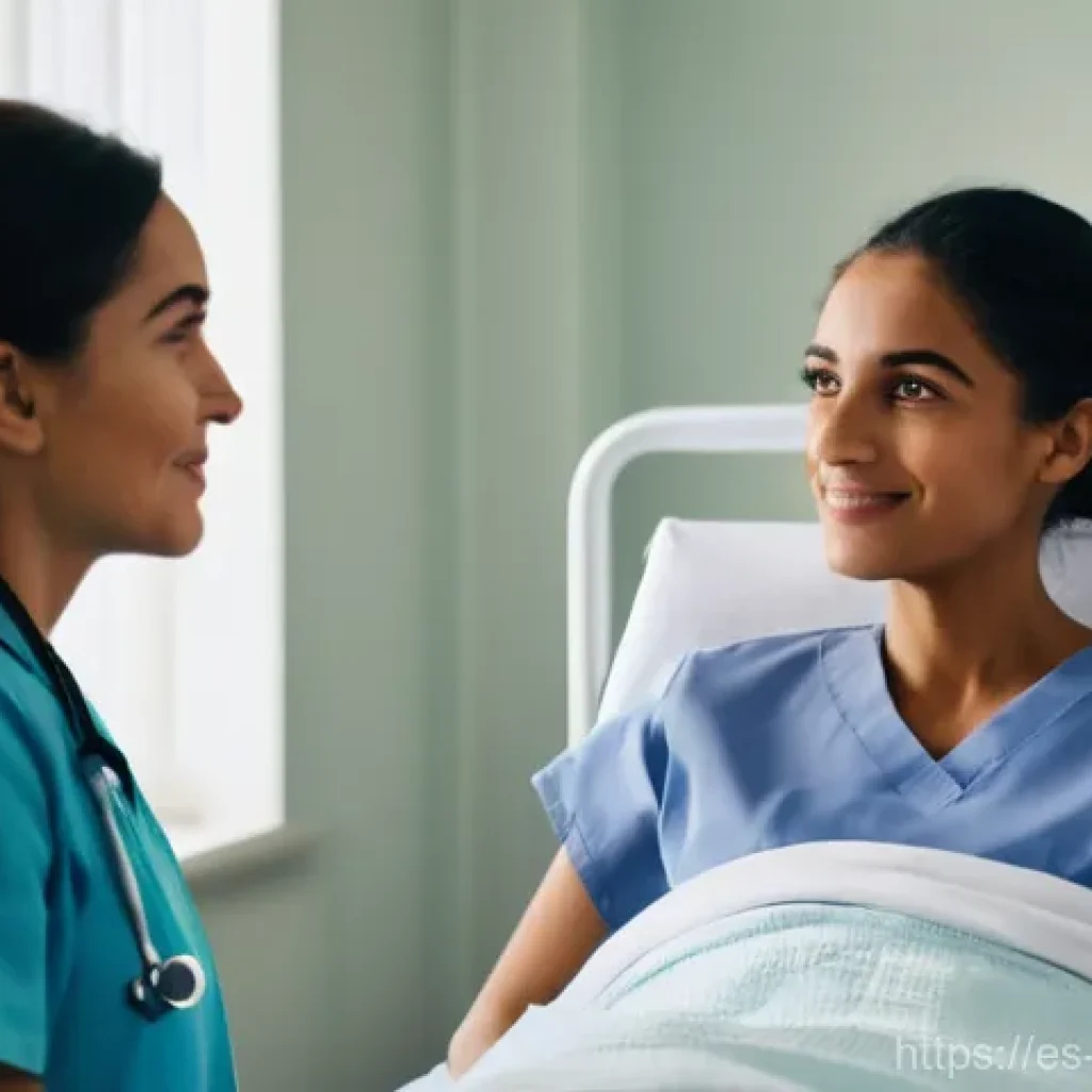 간호사의 외국어 학습 필요성 - **Prompt:** A heartwarming scene inside a modern, softly lit hospital room. An empathetic female nur...