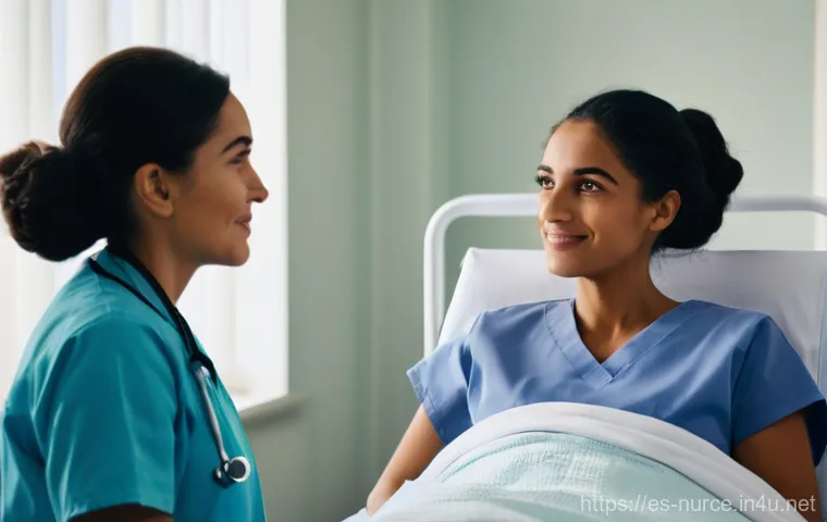 간호사의 외국어 학습 필요성 - **Prompt:** A heartwarming scene inside a modern, softly lit hospital room. An empathetic female nur...