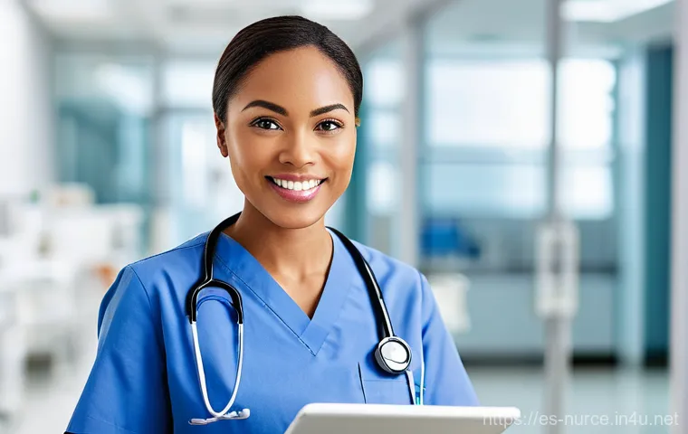 간호사의 외국어 학습 필요성 - **Prompt:** A heartwarming scene inside a modern, softly lit hospital room. An empathetic female nur...