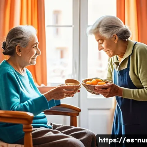 간호사의 간병과 간호의 차이 - A compassionate caregiver assisting an elderly Spanish patient in a cozy home setting, wearing casua...