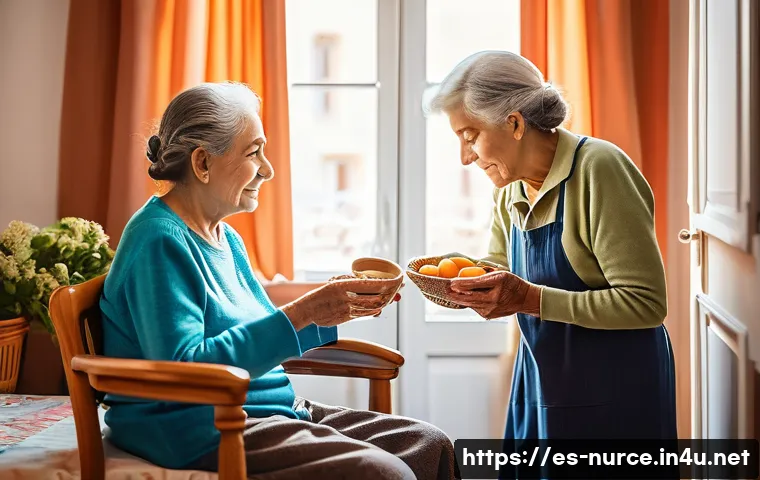 간호사의 간병과 간호의 차이 - A compassionate caregiver assisting an elderly Spanish patient in a cozy home setting, wearing casua...