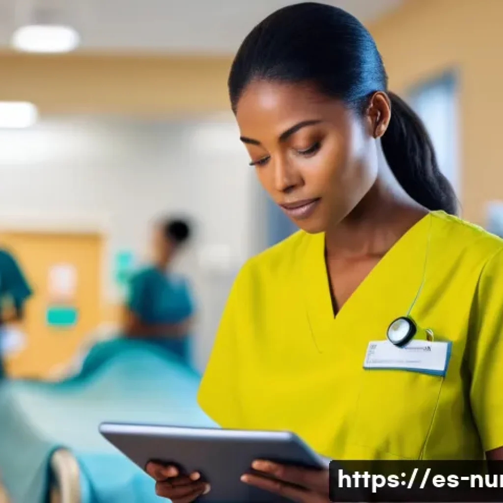 간호사로서의 시간관리 비법 - A professional nurse in a busy hospital ward, wearing clean and neat scrubs, attentively updating a ...