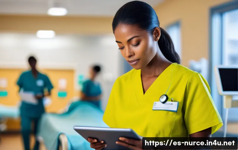 간호사로서의 시간관리 비법 - A professional nurse in a busy hospital ward, wearing clean and neat scrubs, attentively updating a ...