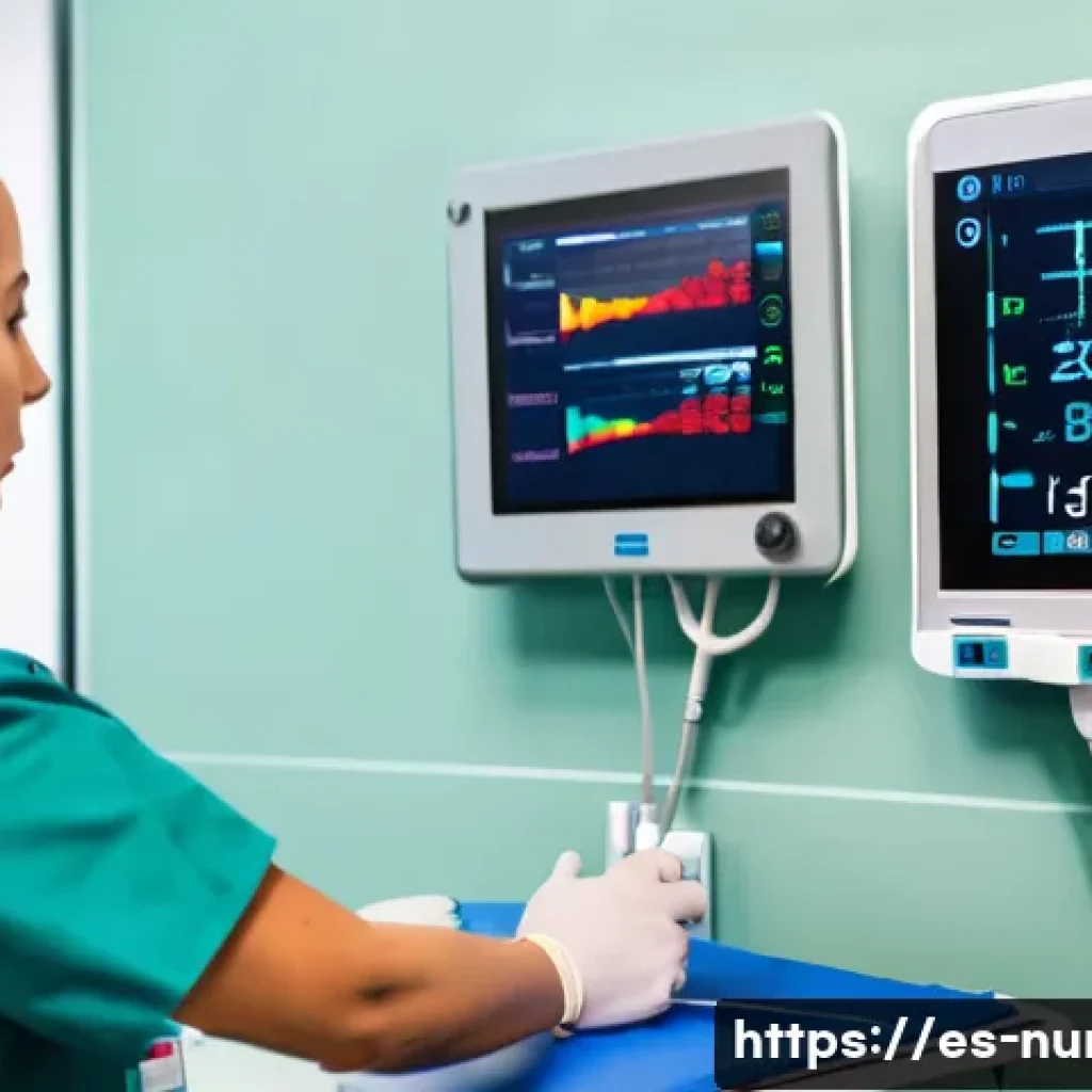 간호사로서의 의사결정 사례 - A focused scene inside a modern emergency room in a Spanish hospital, showing a professional nurse i...