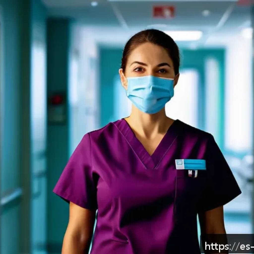간호사 업무 스트레스 관리법 - A compassionate nurse taking a mindful breathing pause during a busy hospital shift, wearing profess...