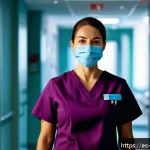 간호사 업무 스트레스 관리법 - A compassionate nurse taking a mindful breathing pause during a busy hospital shift, wearing profess...