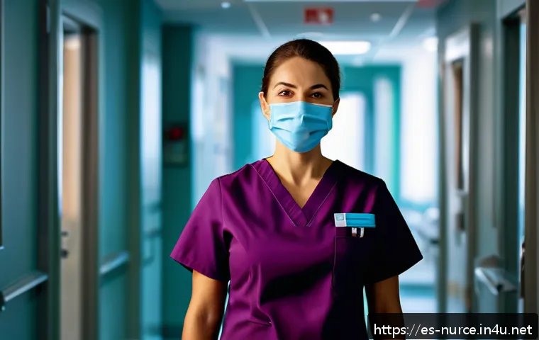 간호사 업무 스트레스 관리법 - A compassionate nurse taking a mindful breathing pause during a busy hospital shift, wearing profess...