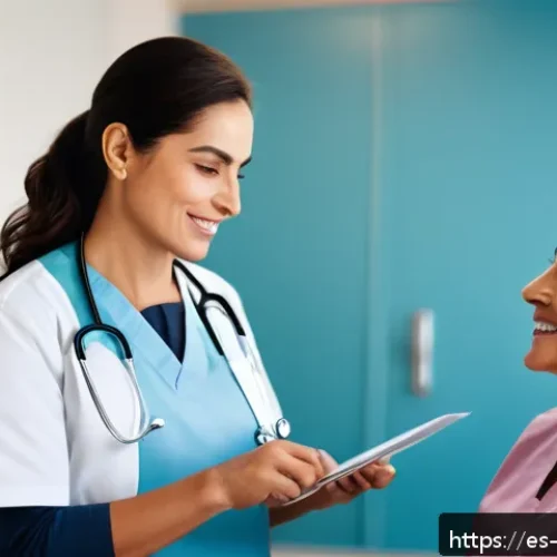간호사의 의료 윤리적 갈등 해결 사례 - A compassionate nurse in a modern Spanish hospital setting, gently explaining medical information to...