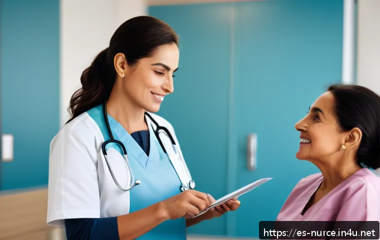 간호사의 의료 윤리적 갈등 해결 사례 - A compassionate nurse in a modern Spanish hospital setting, gently explaining medical information to...