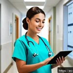 간호사의 기술 활용 및 디지털화 사례 - A modern Spanish hospital nurse using a digital tablet to access electronic health records (EHR) in ...