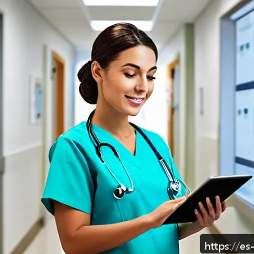 간호사의 기술 활용 및 디지털화 사례 - A modern Spanish hospital nurse using a digital tablet to access electronic health records (EHR) in ...