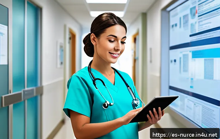 간호사의 기술 활용 및 디지털화 사례 - A modern Spanish hospital nurse using a digital tablet to access electronic health records (EHR) in ...