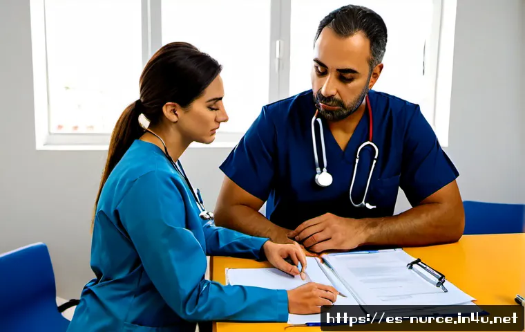 간호사 직무 관련 법률 사례 - Photorealistic hospital consultation scene in Spain, a professional nurse in clean navy scrubs calml...