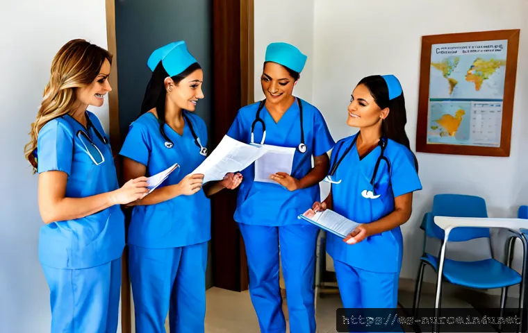 간호사 해외 연수 프로그램 정보 - Photorealistic international nursing training orientation in a modern hospital education center in M...